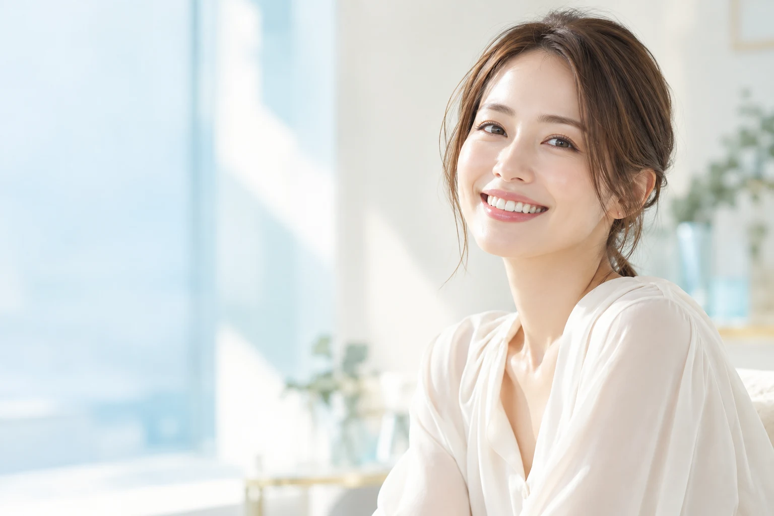 やわらかな光の中で笑顔を見せる女性のブランドイメージ