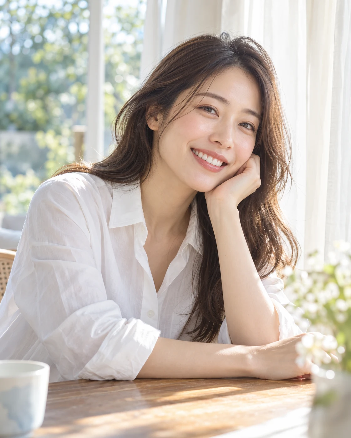明るい空間で自然に微笑む女性モデル