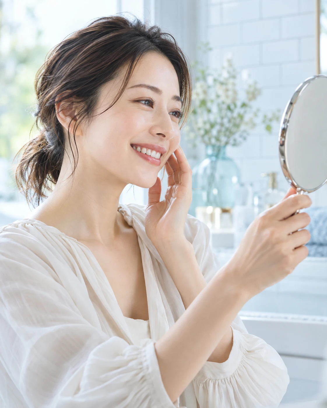 明るい空間で日々の身支度をする女性モデル