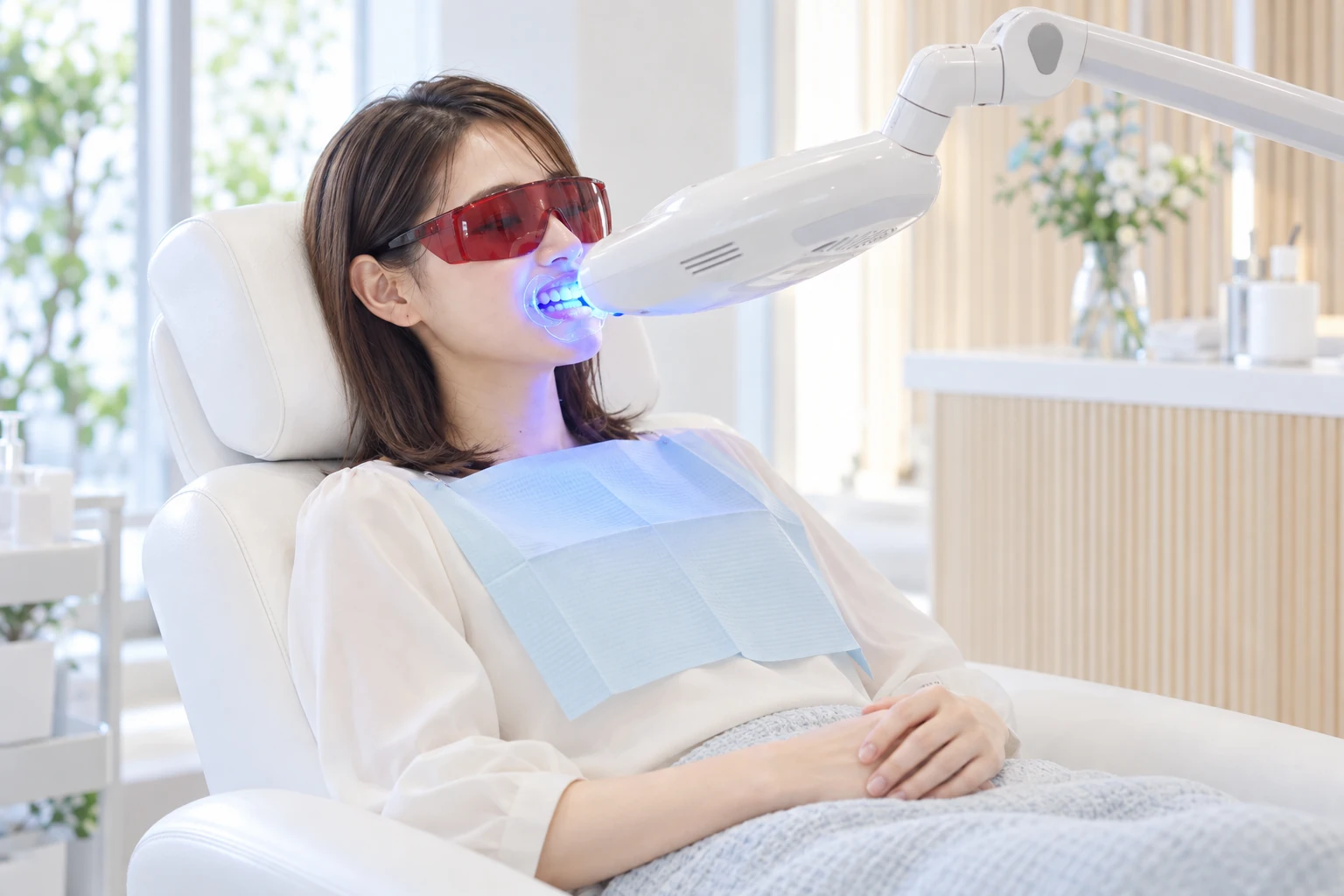 保護ゴーグルを着用し、LEDライトでケアする女性モデル