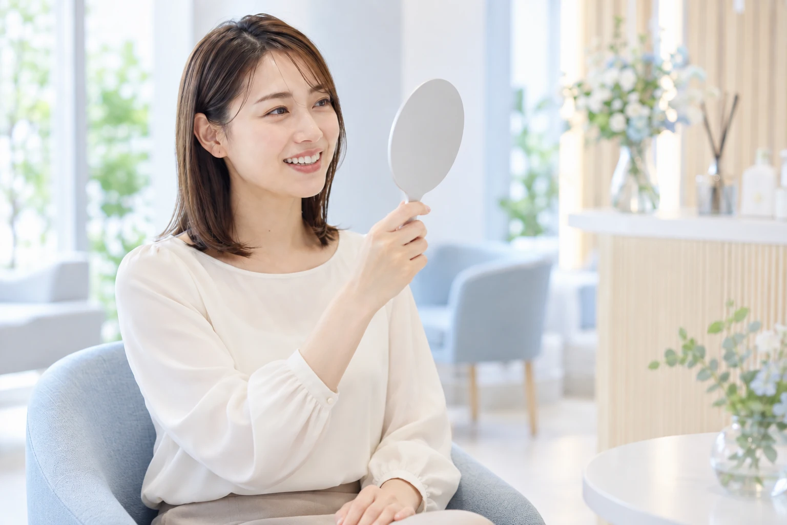 ケア後に鏡で自分の笑顔を確認する女性モデル