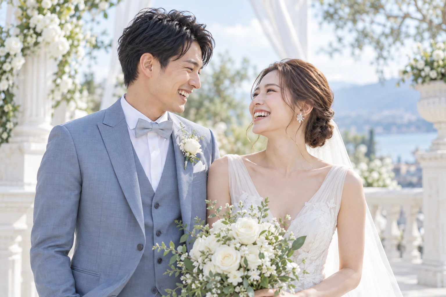 明るい庭園で笑顔を交わす花嫁と花婿のモデル