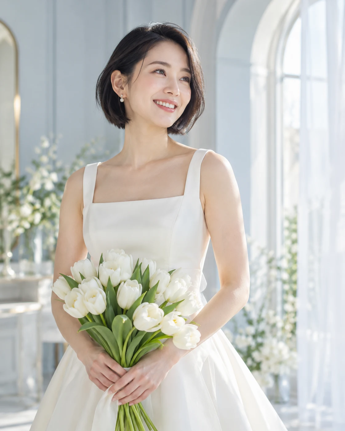 シンプルなウェディングドレスで自然に微笑むショートヘアの花嫁モデル