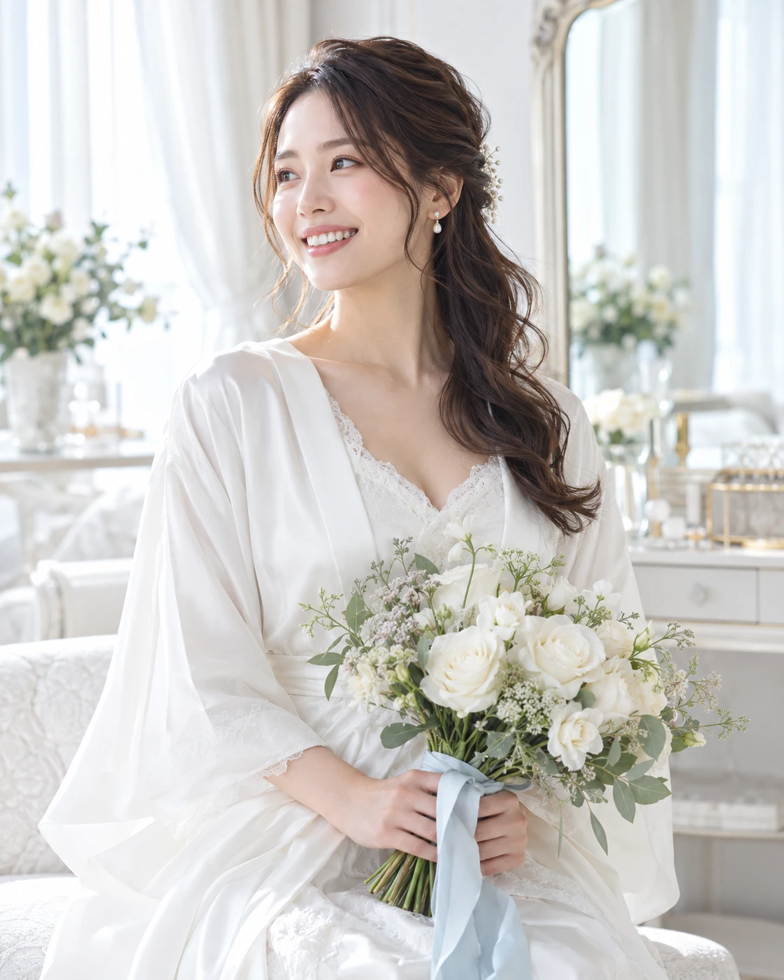 鏡の前でウェディングの支度をする花嫁モデル