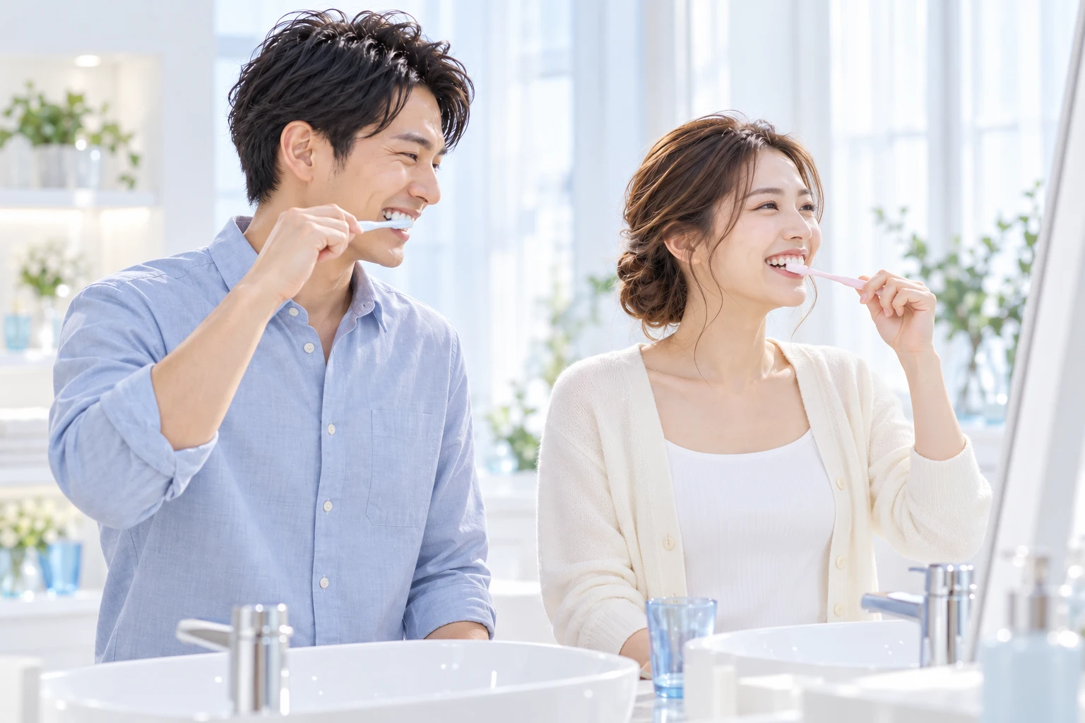 並んだ鏡の前でそれぞれ自分の歯を磨くカップルモデル