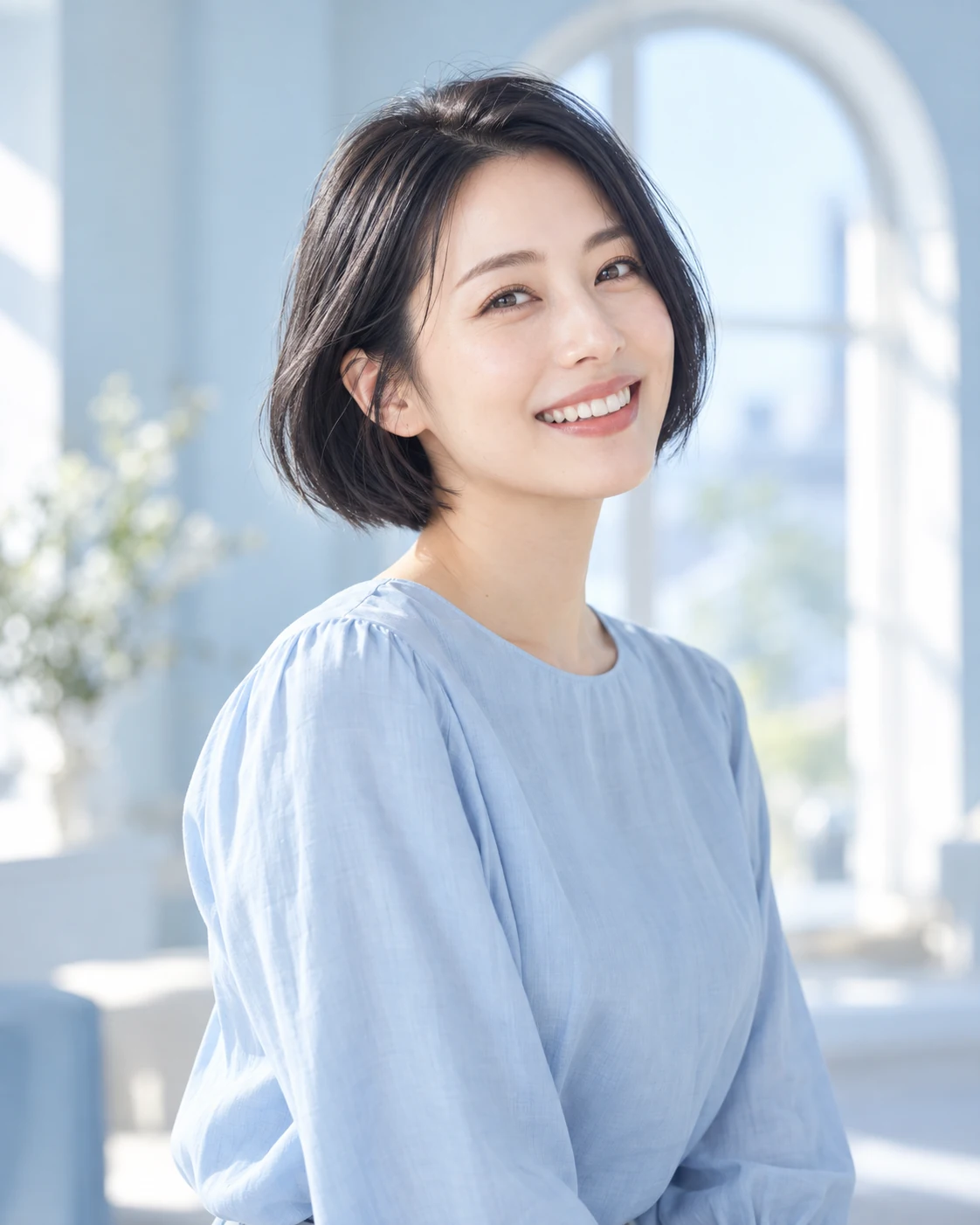 ブルーのブラウスを着て自然に微笑むショートヘアの女性モデル