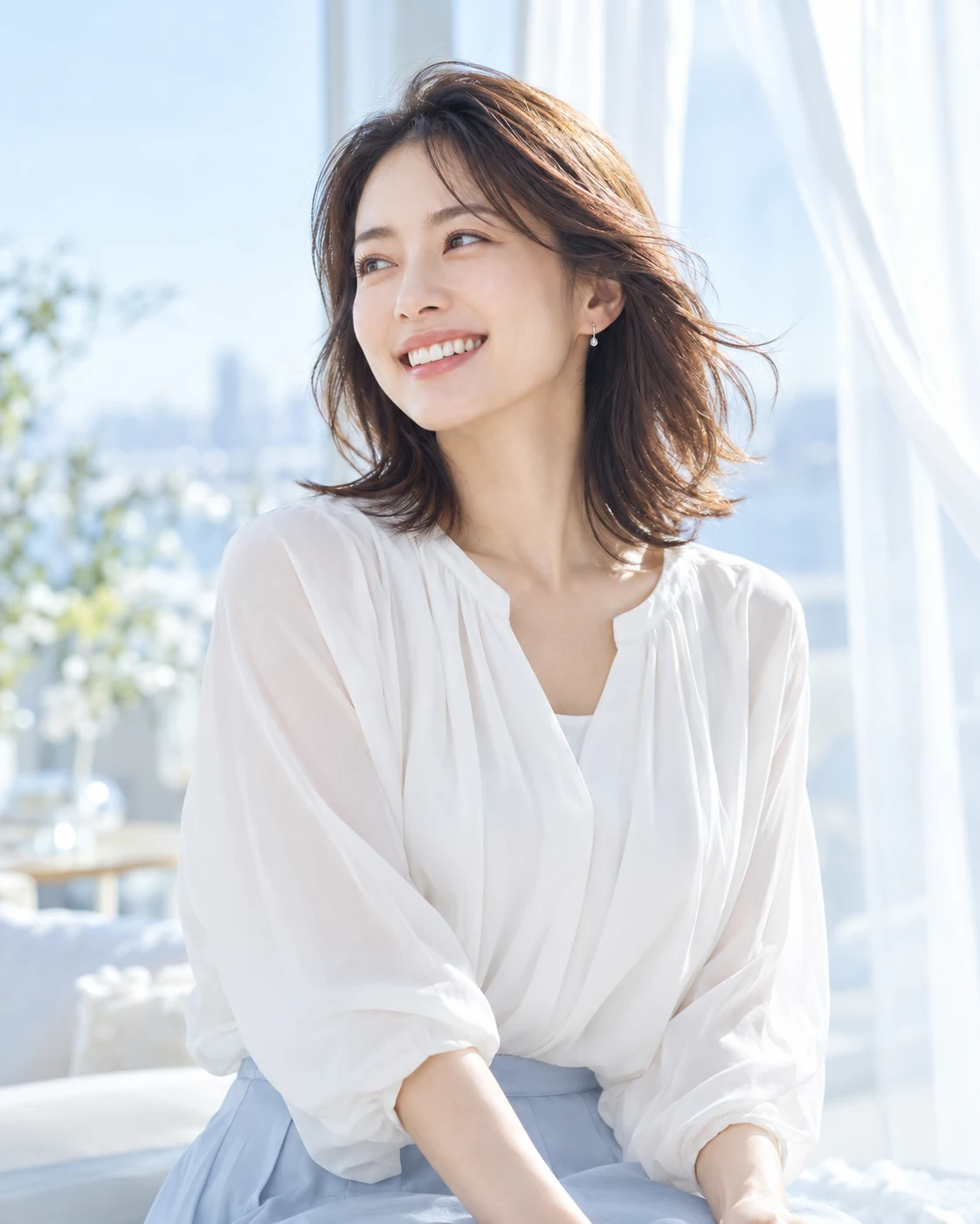 明るい窓辺で自然な笑顔を見せる女性モデル