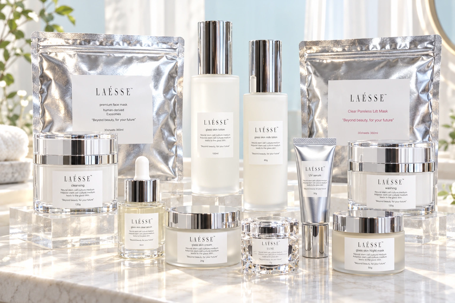 LAÉSSE glass skin seriesのスキンケア11商品を並べたホームケアの風景
