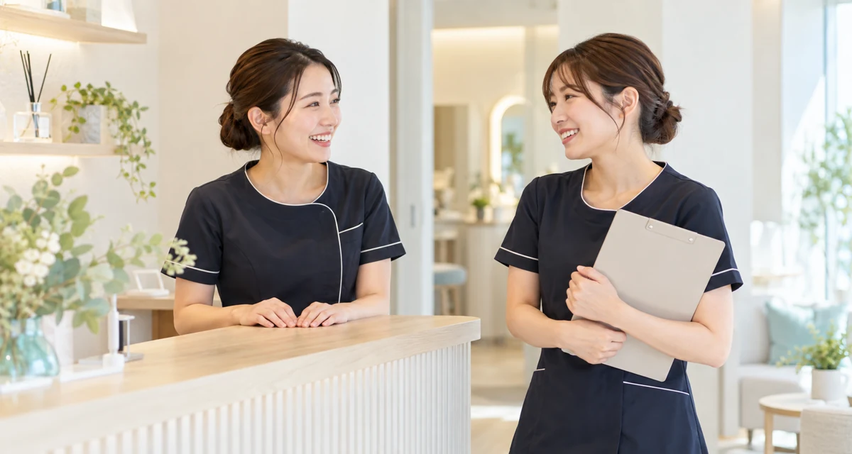 明るいホワイトニングサロンで働くスタッフ