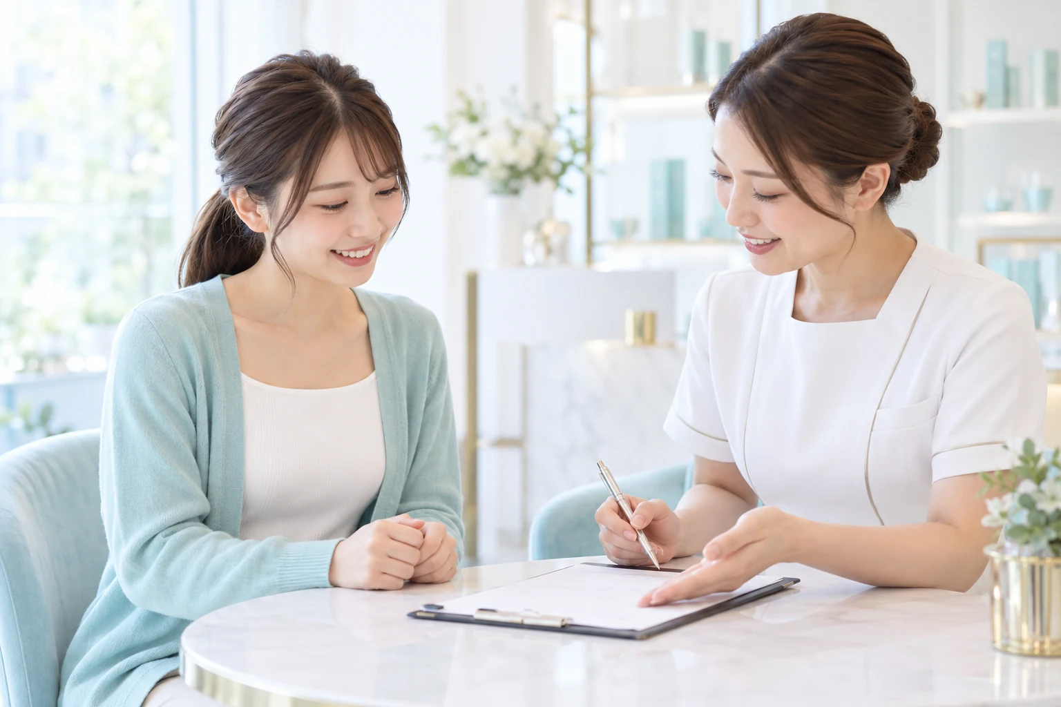 サロンでスタッフの説明を聞く成人女性モデル