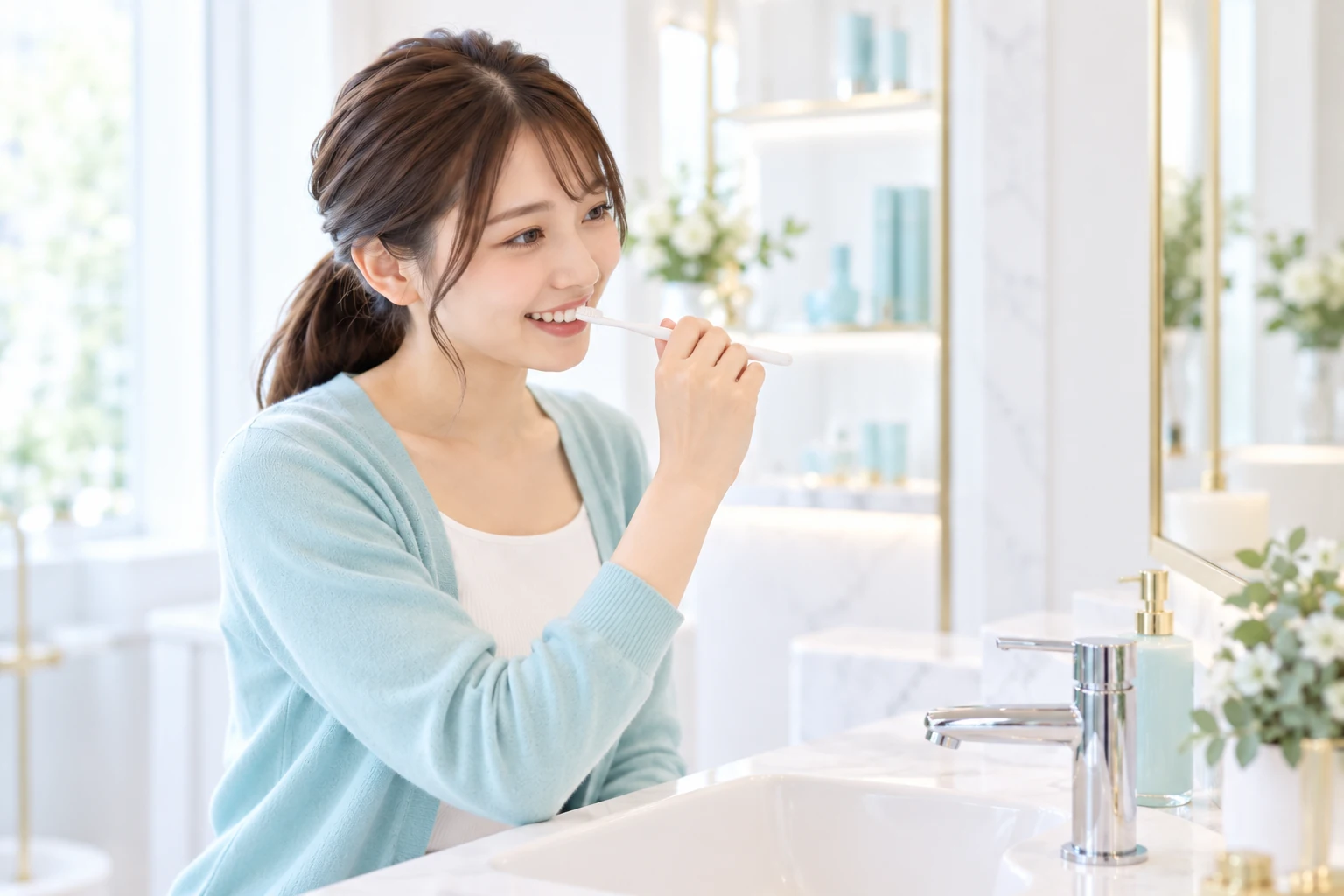 鏡を見ながら自分の歯を磨く成人女性モデル
