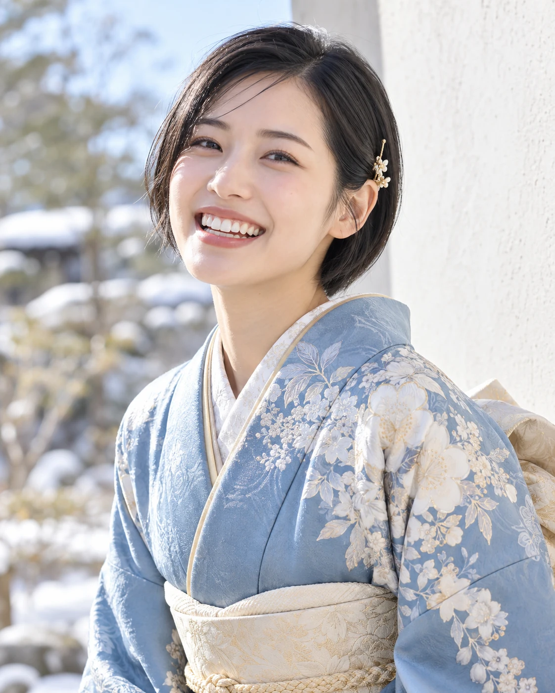 晴れ着姿で自分らしい笑顔を見せる成人女性モデル