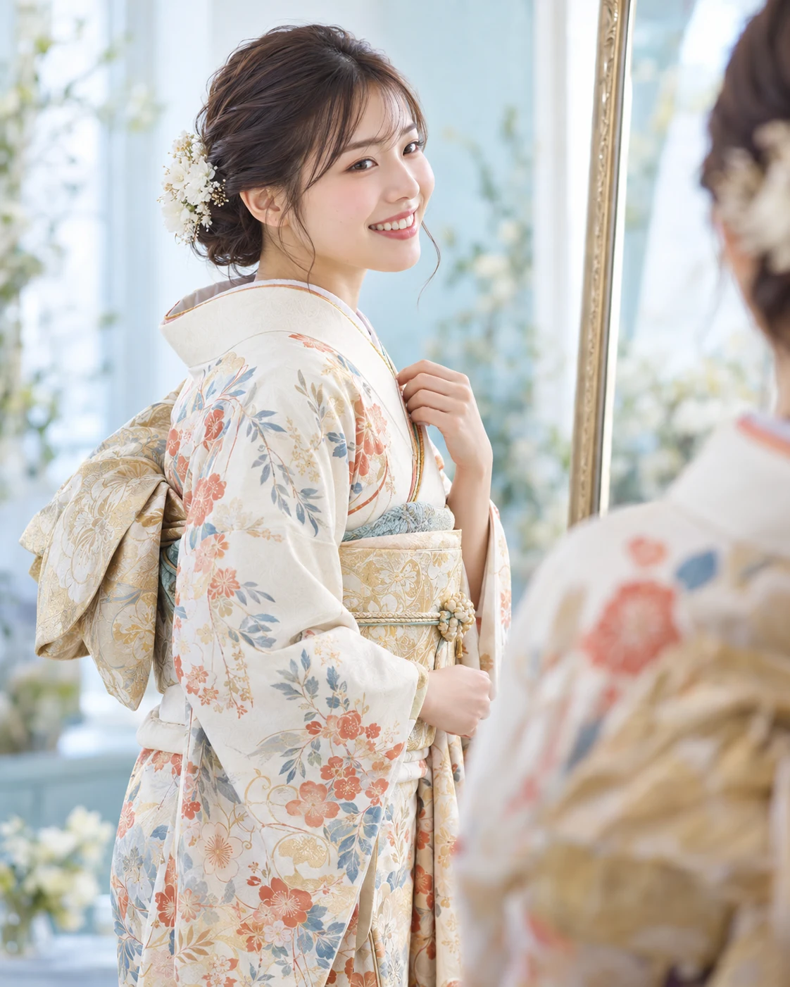 成人式に向けて鏡の前で身支度をする女性モデル