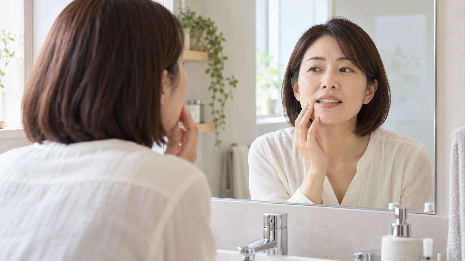 鏡で口元の変化を確認する女性のイメージ