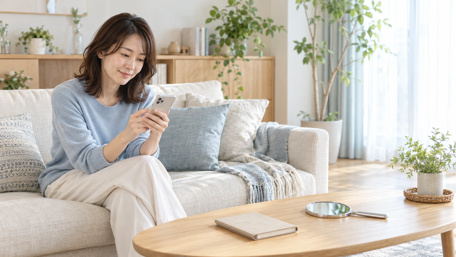 スマートフォンで口元のケアを調べる女性のイメージ