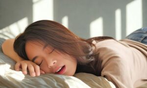 部屋で口呼吸をして眠る若い女性
