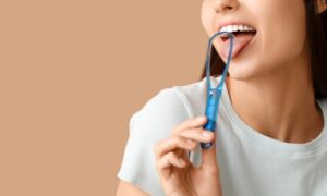 舌磨きをする若い女性