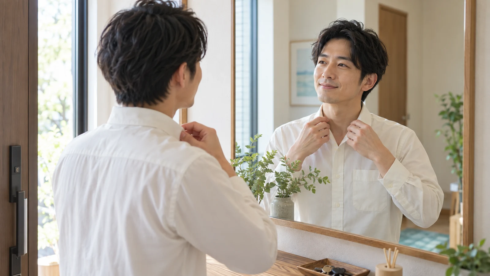鏡の前でシャツの襟元を整える成人男性