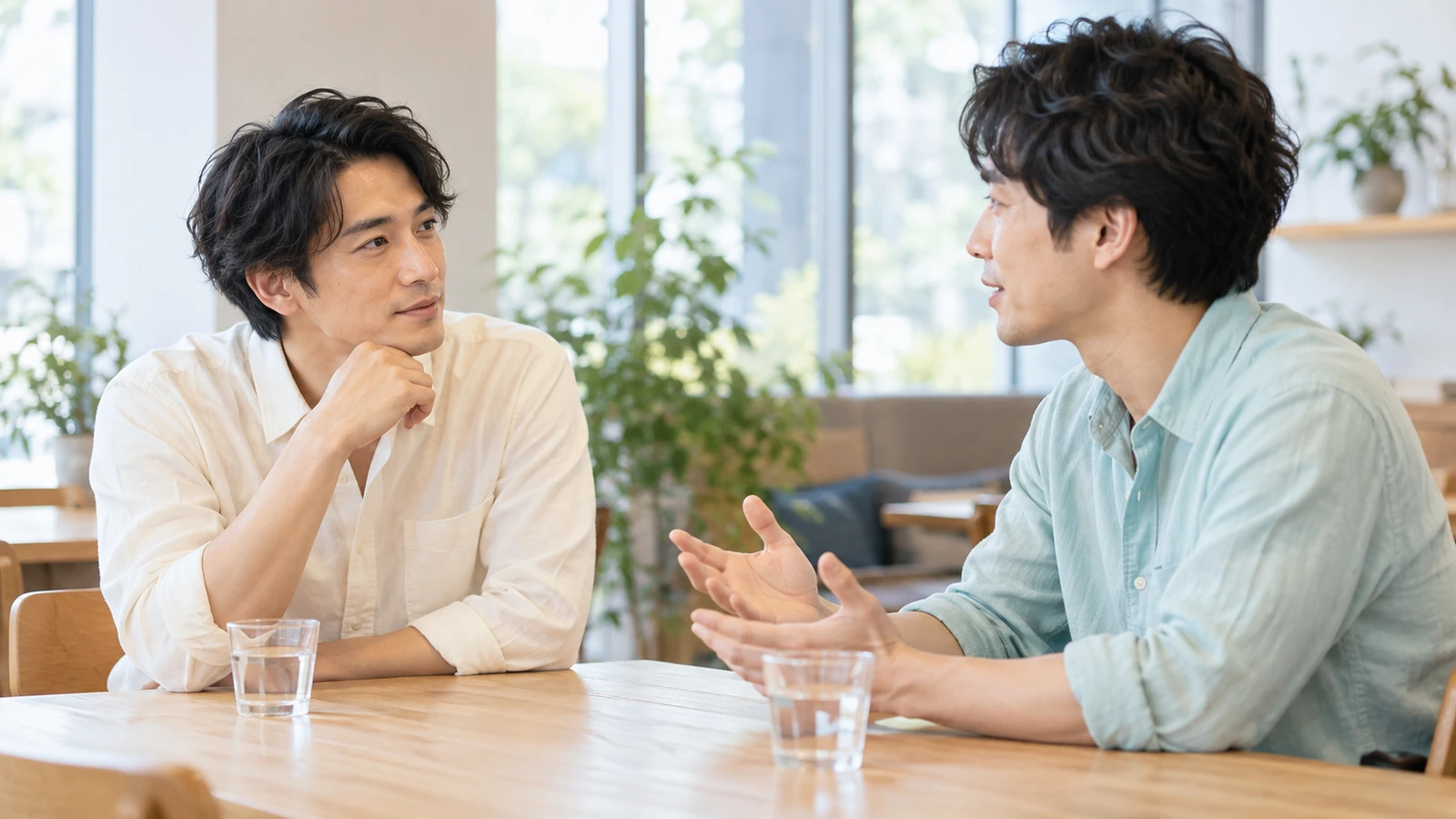 落ち着いた場所で相手の話に耳を傾ける成人男性