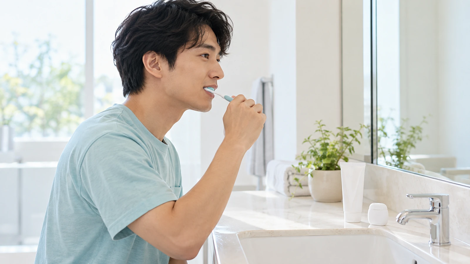 明るい洗面台で歯ブラシを使って日常の口元ケアをする男性
