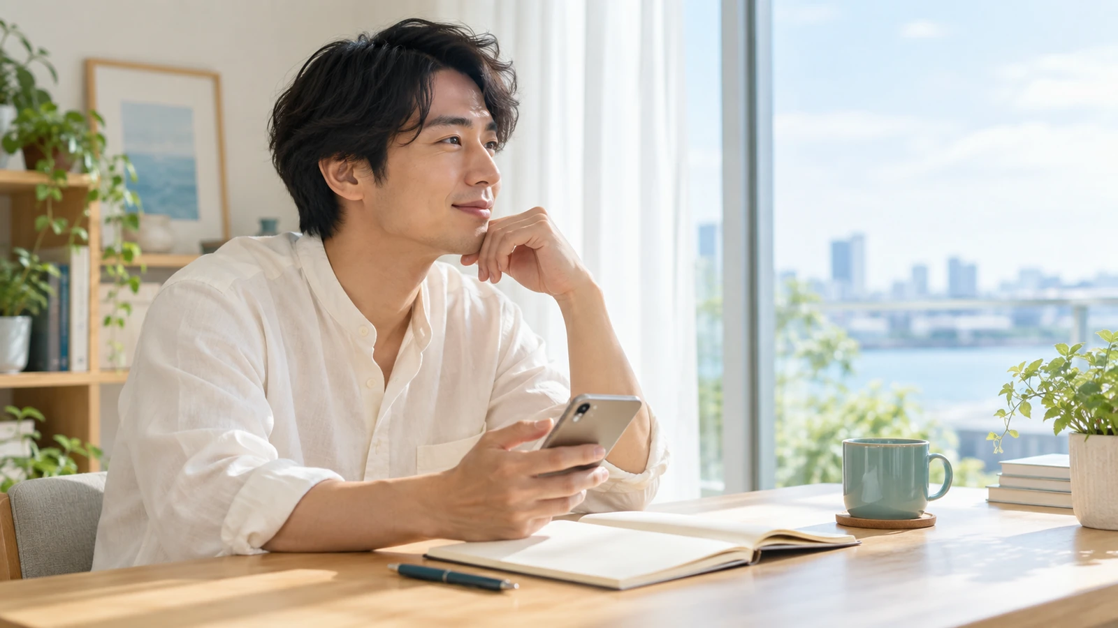 スマートフォンとノートを手に今後の予定を考える男性