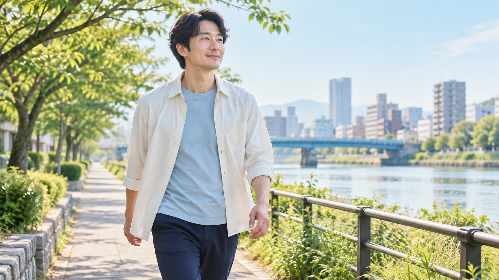 日差しのやわらかな川沿いの道を無理のないペースで歩く男性
