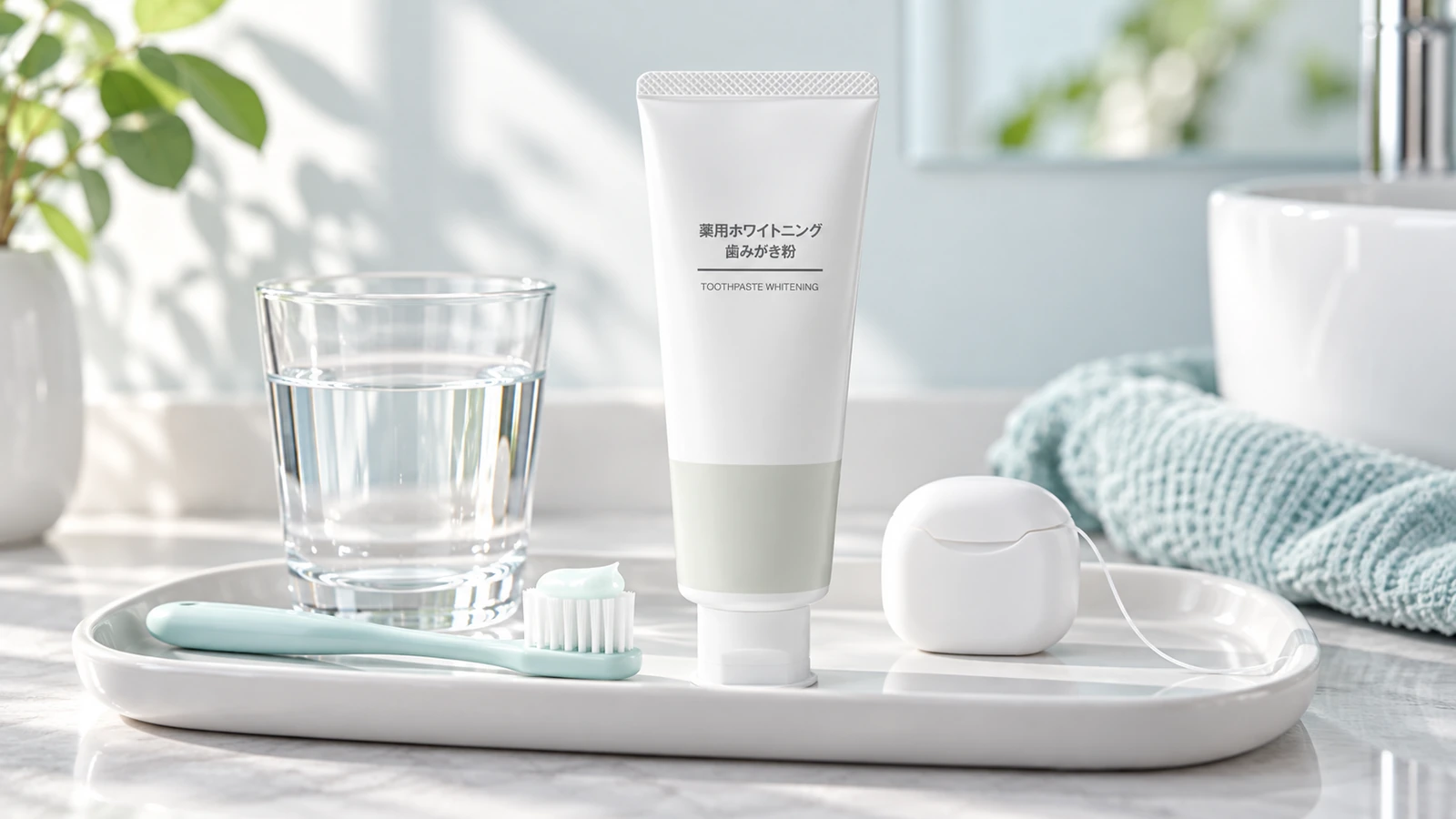 無印良品の薬用ホワイトニング歯みがき粉と歯ブラシ、水、フロスを並べた日常ケアのイメージ