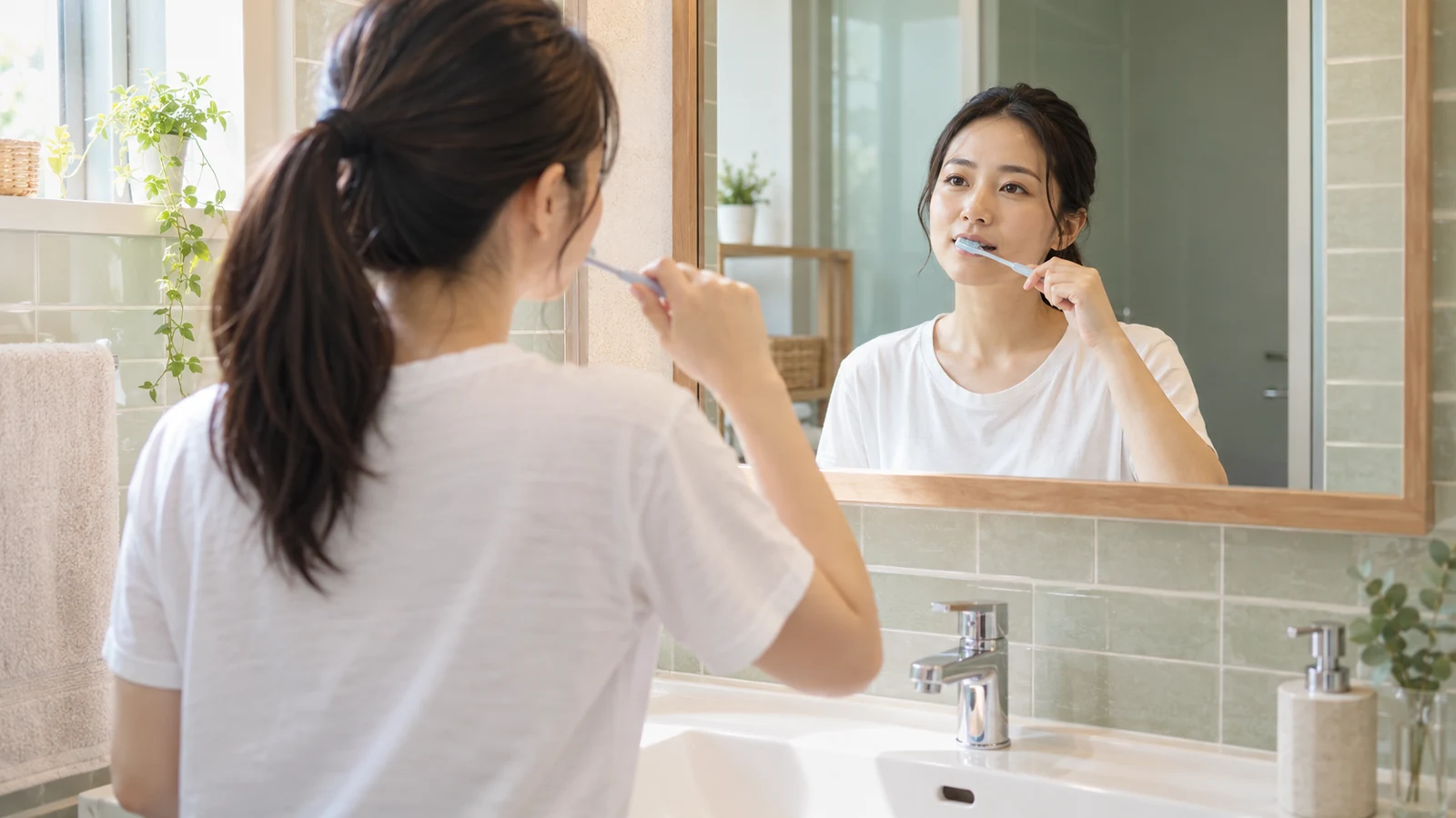 朝の洗面台で鏡を見ながら歯を磨く女性