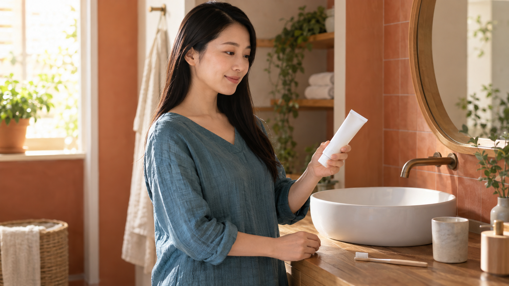 毎日の歯磨き用品を手に取る女性のイメージ