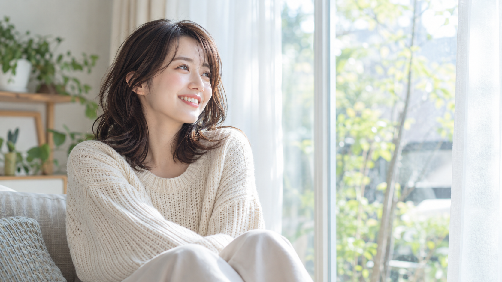 窓辺で自然に微笑む女性の口元ケアのイメージ