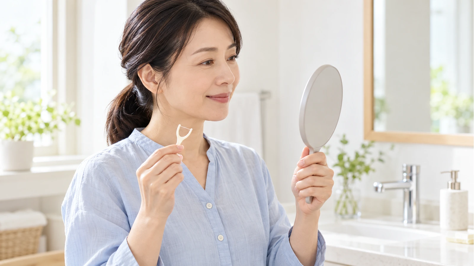 Y字型フロスと手鏡を手にして歯間ケアの準備をする女性