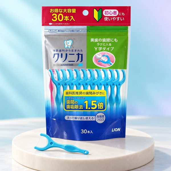 クリニカアドバンテージ デンタルフロスY字タイプ30本入のパッケージと青いY字型フロスの生成イメージ