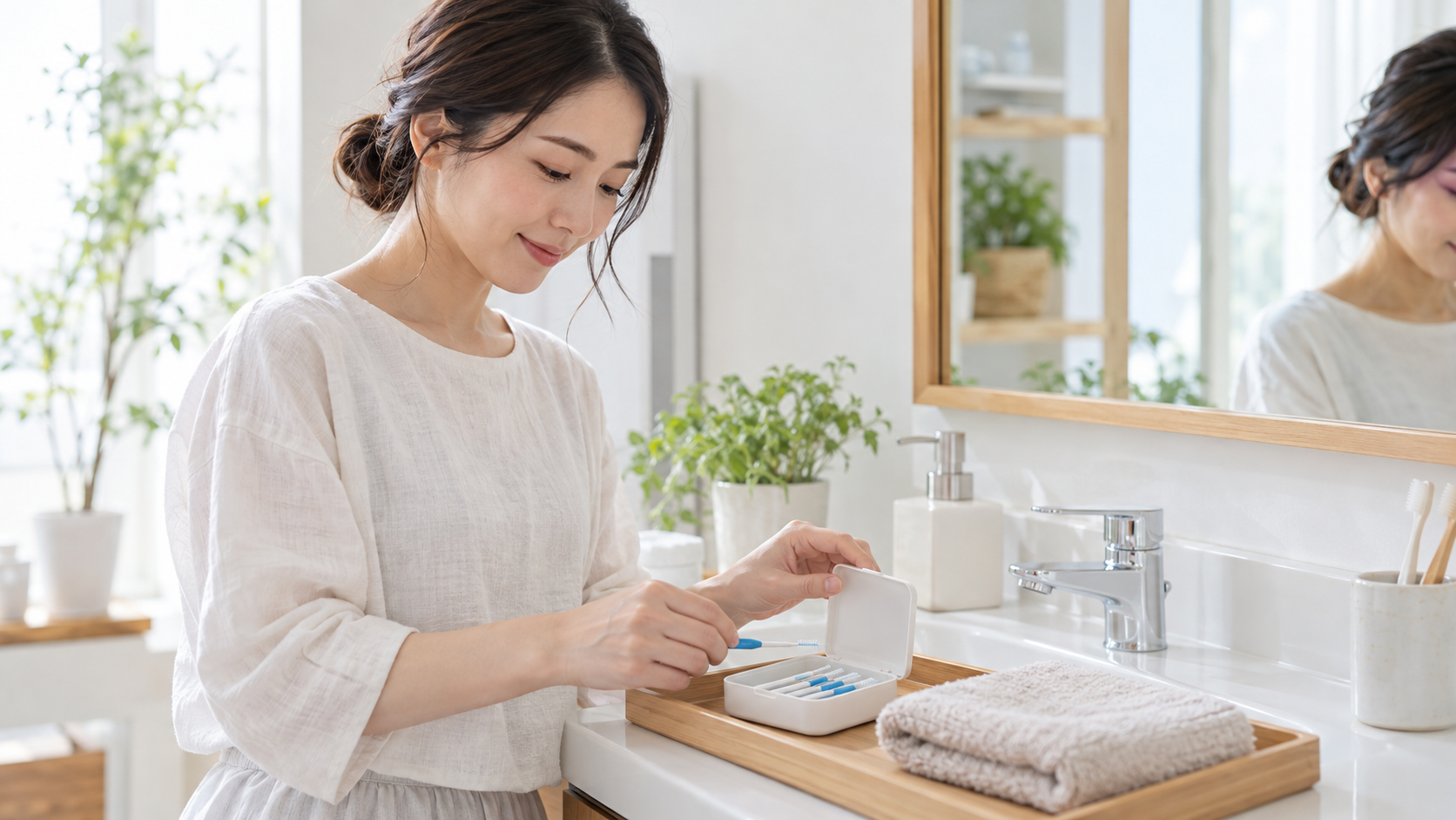 洗面台で歯間ブラシと鏡を準備する女性