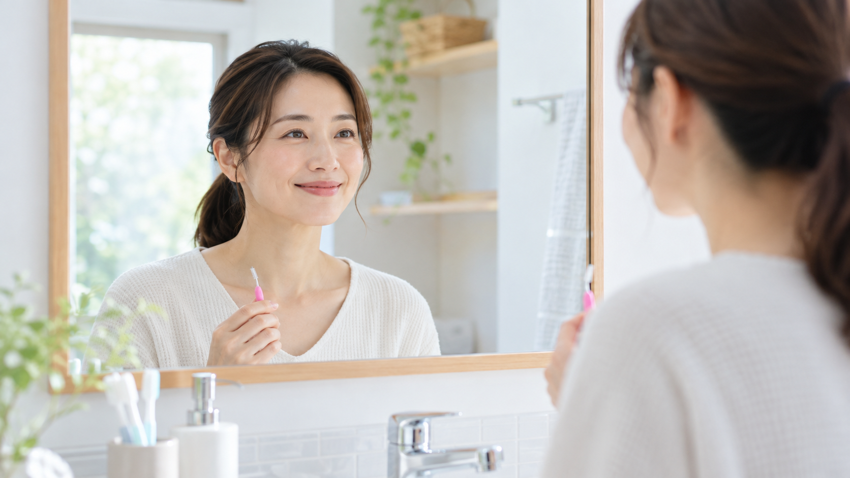 鏡で顔の向きを確認する女性