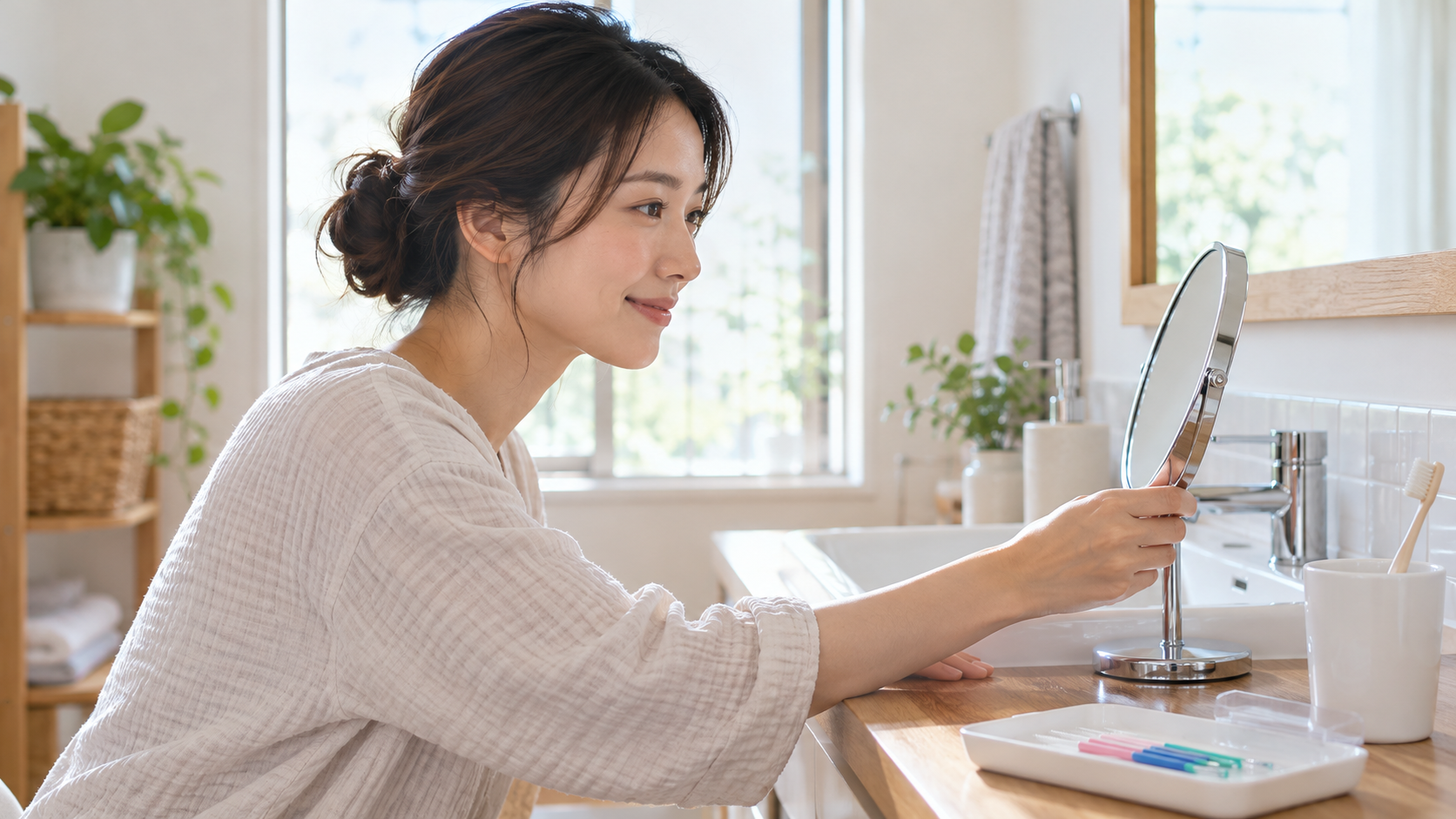 卓上鏡を見やすい角度へ調整する女性
