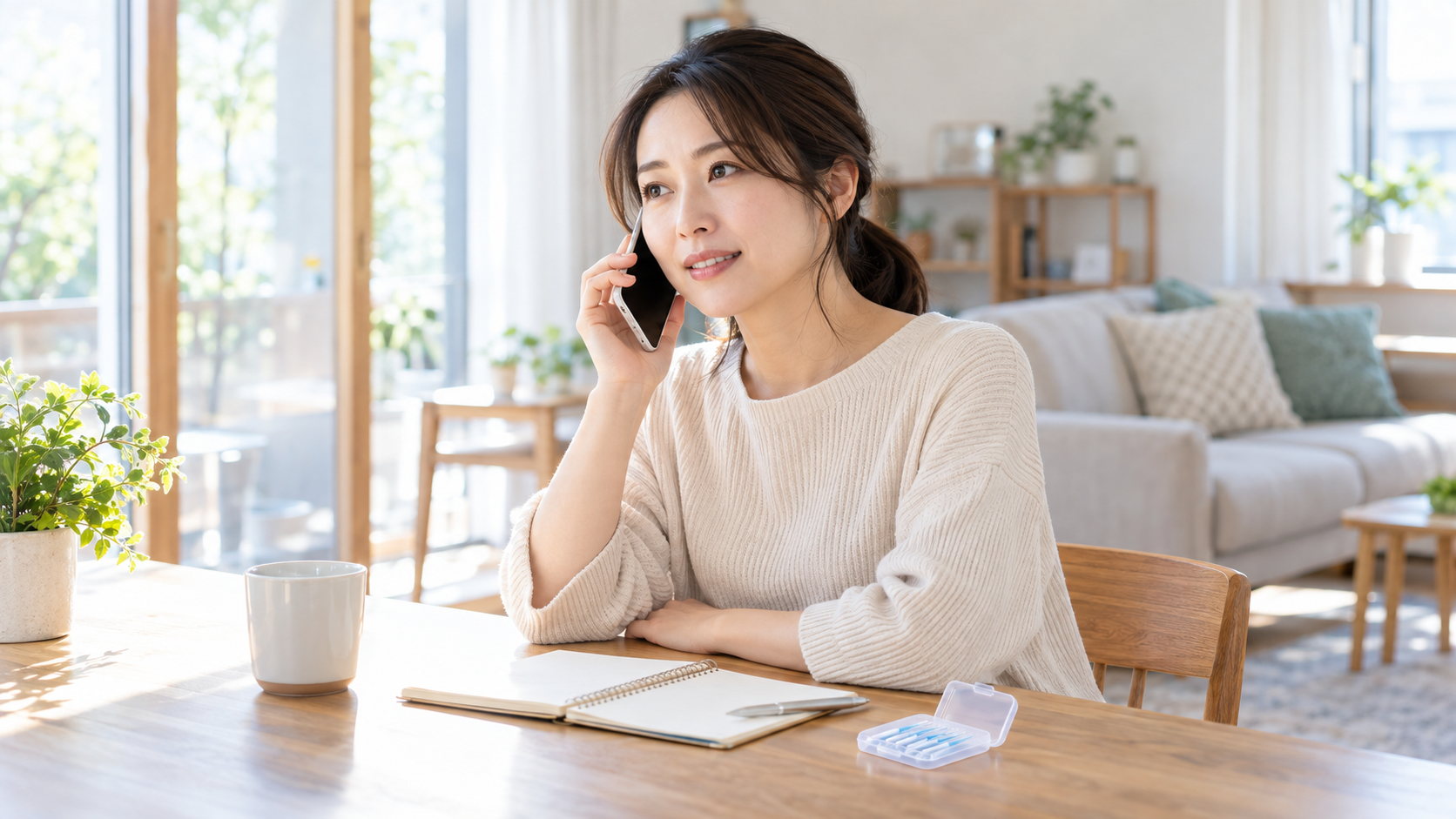 歯のケアについて電話で相談する女性