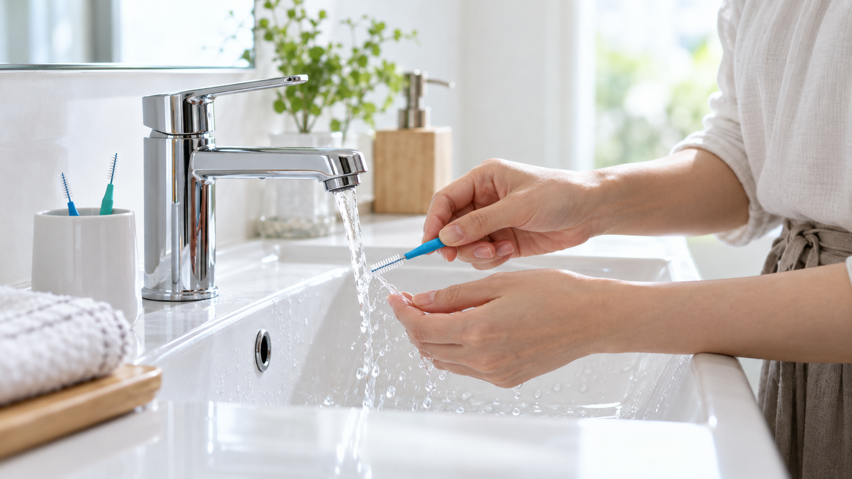 使用後の歯間ブラシを流水ですすぐ手元