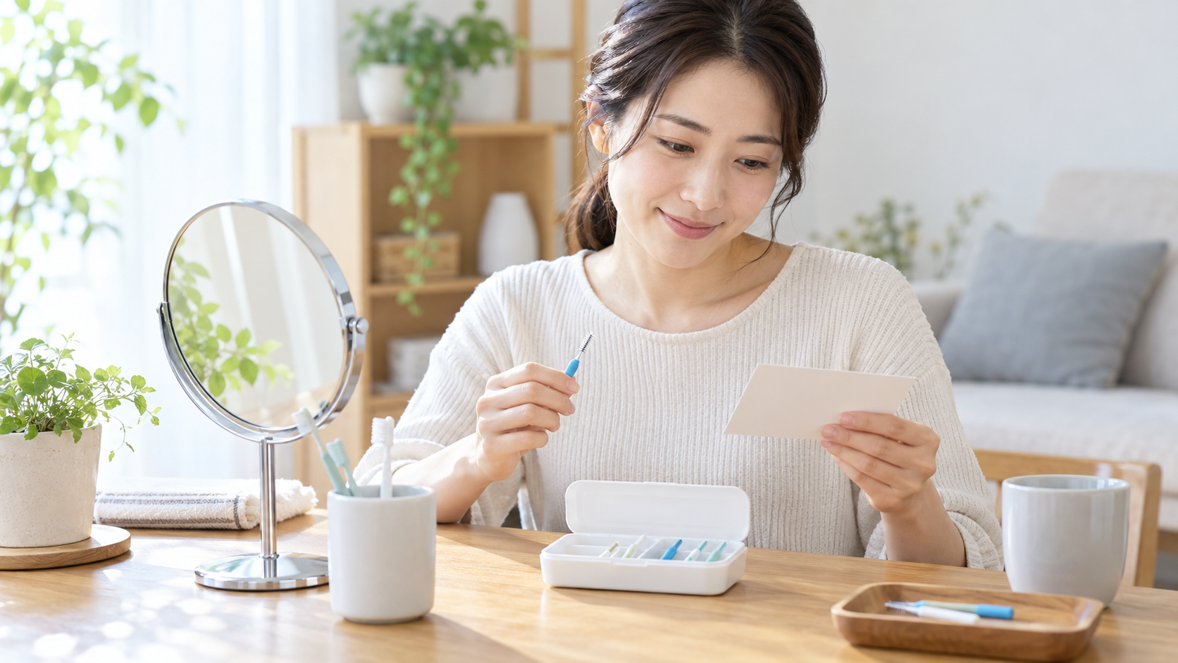 ケア用品を整理しながら使い方を振り返る女性