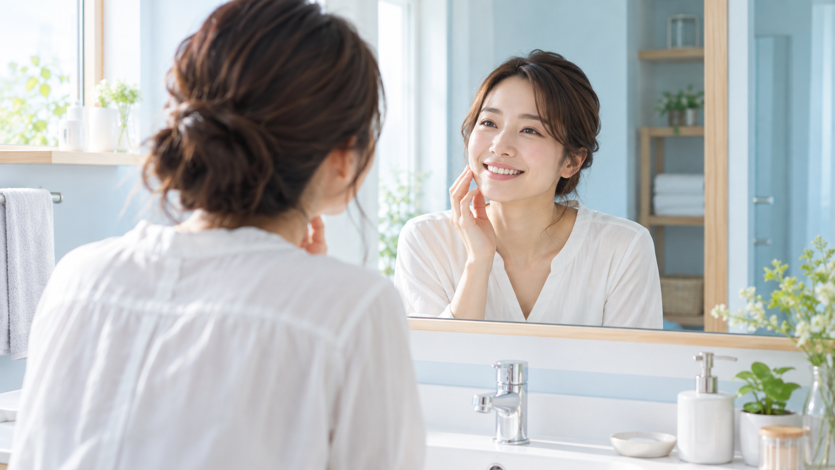 洗面所の鏡の前で口元を確かめる女性
