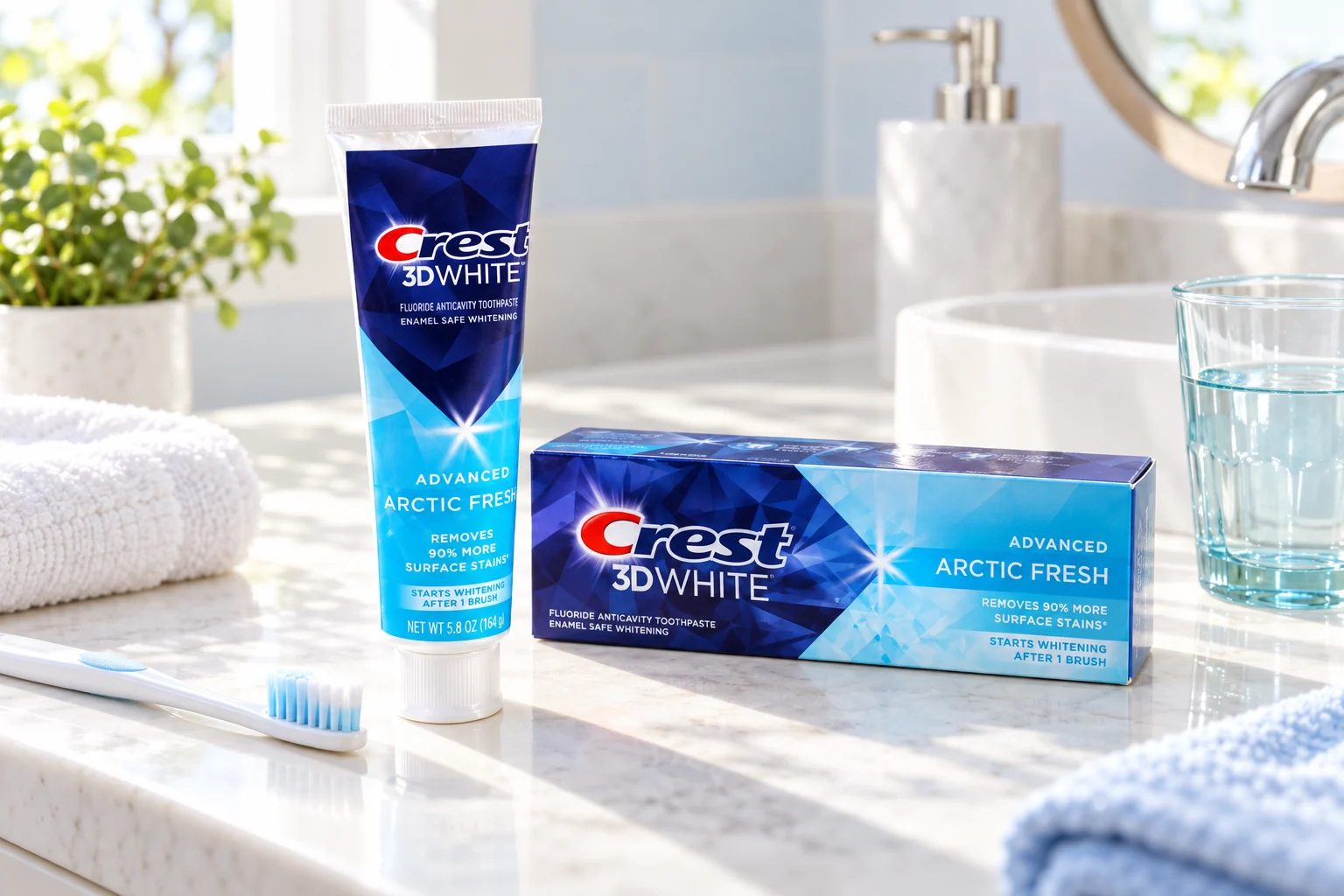 洗面台に置かれたCrest 3D White Advanced Arctic Freshのチューブと箱のイメージ