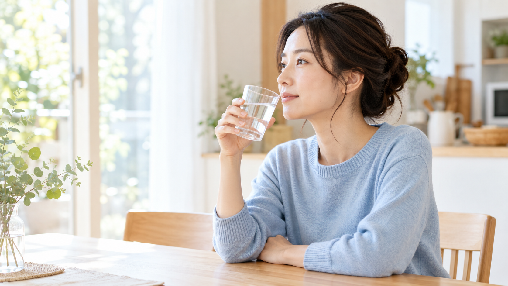 水を飲む前に口元の調子を気にかける女性のイメージ