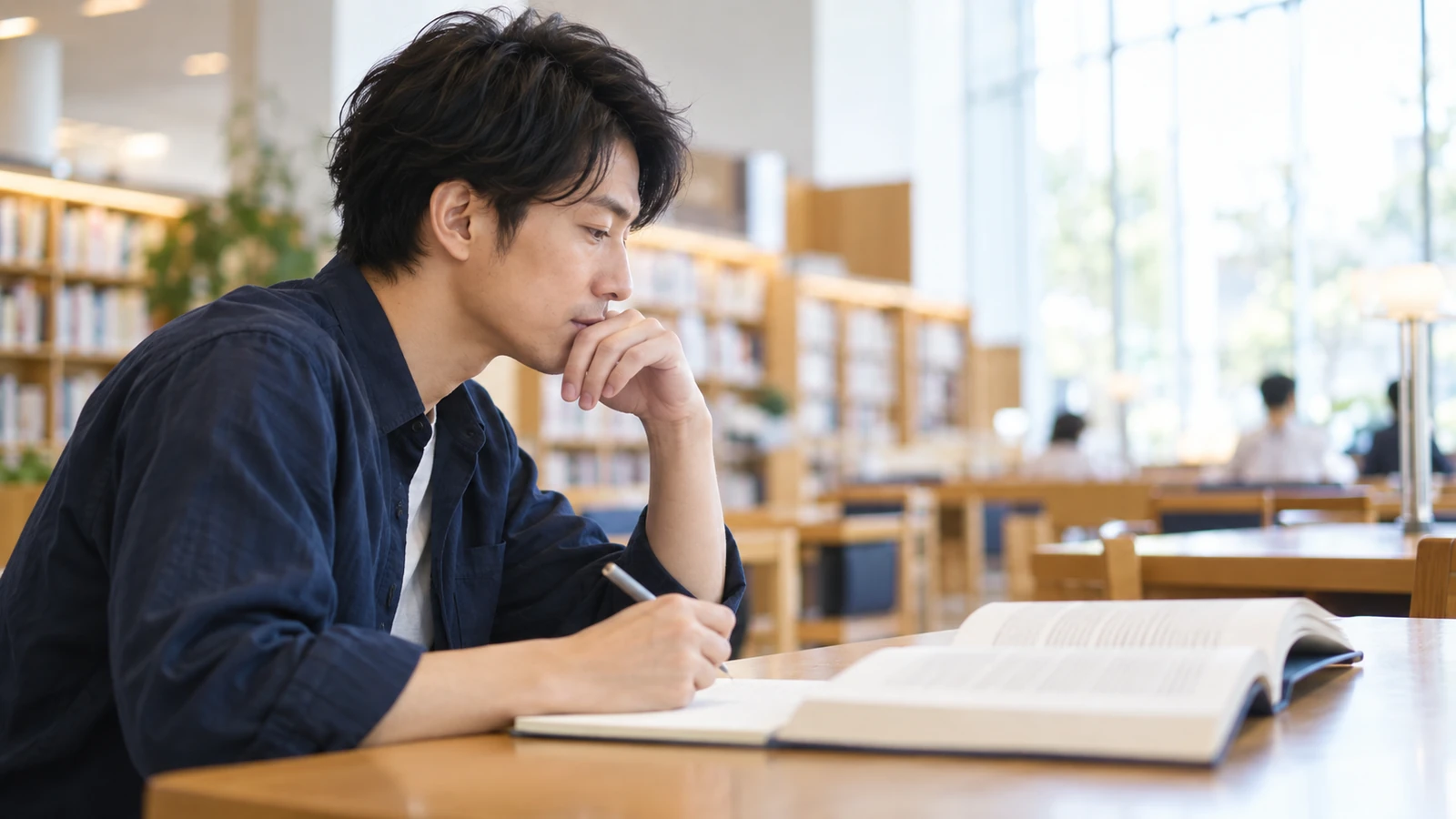 図書館で本とノートを使い、情報を確認する成人男性