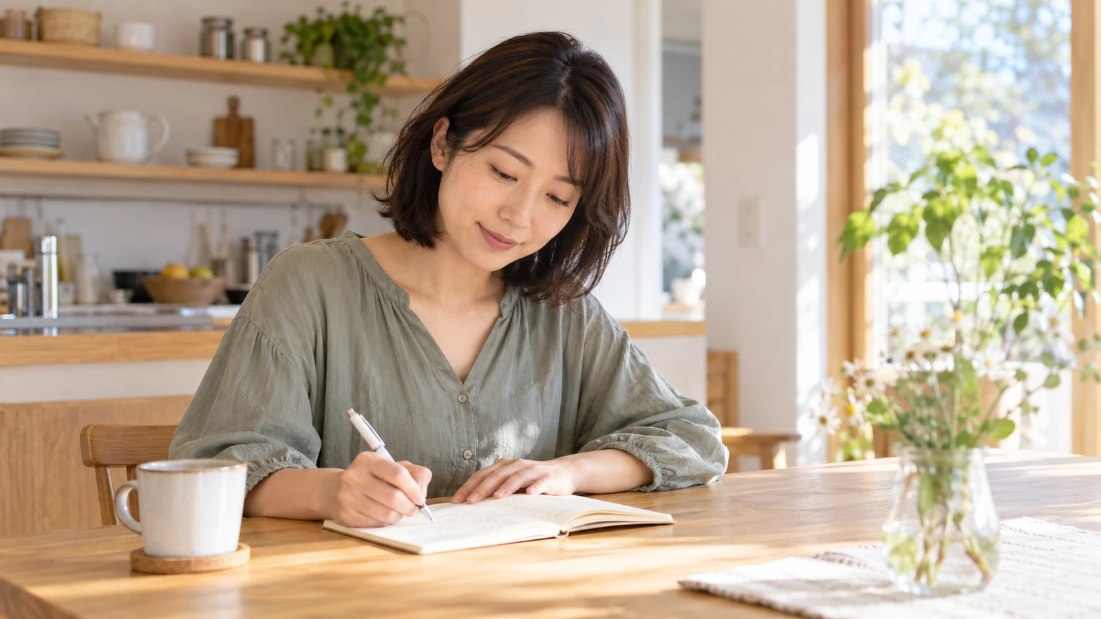 明るいキッチンで日々の体調を手帳に書き留める女性