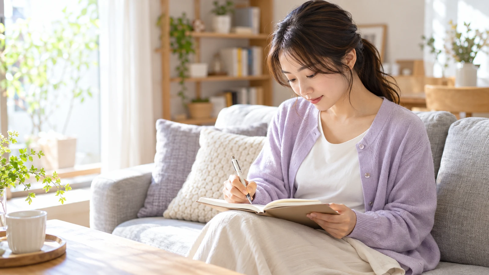 明るいリビングでノートに疑問を整理する女性のイメージ