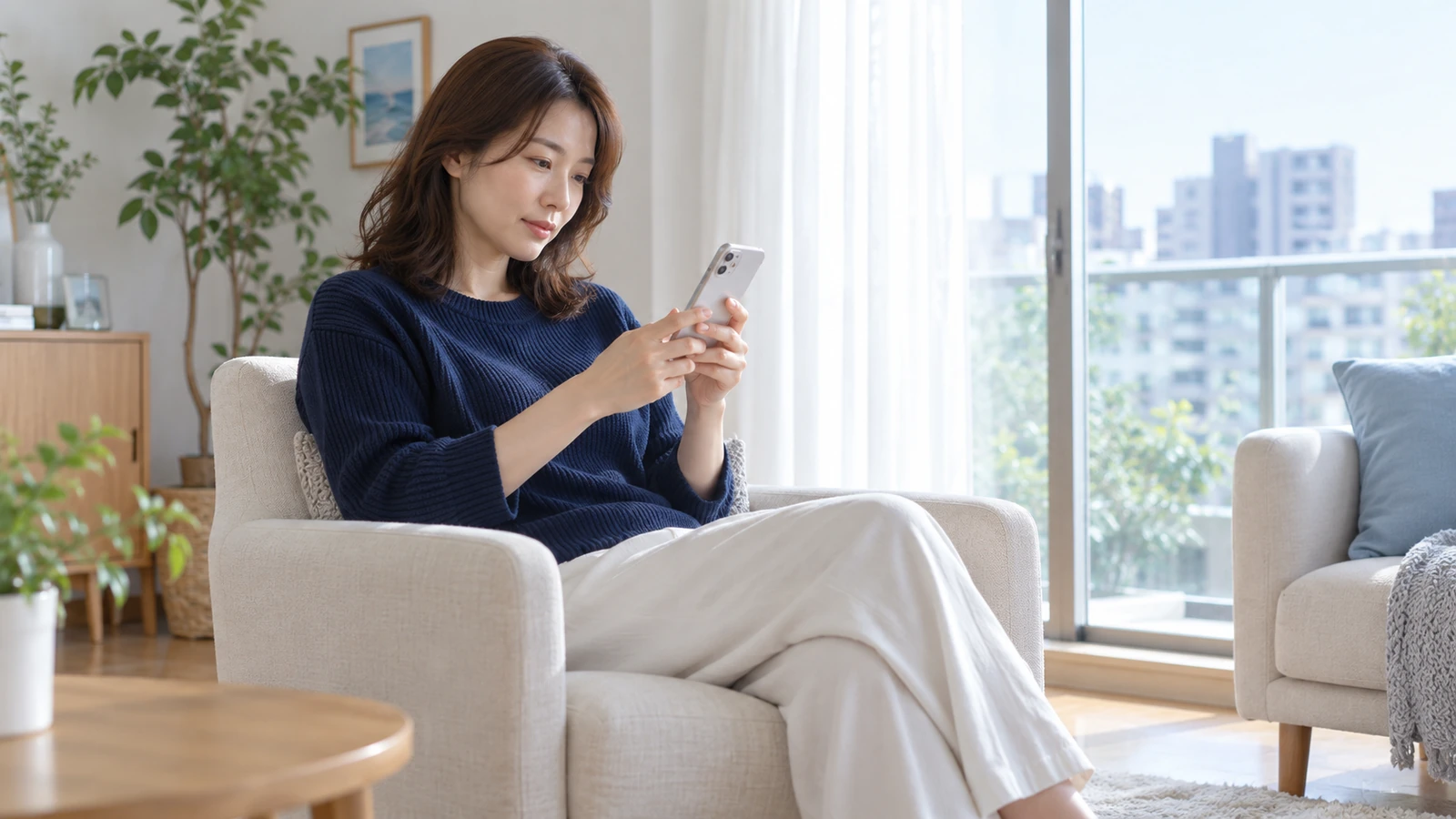 窓辺のアームチェアでスマートフォンの情報を読む女性