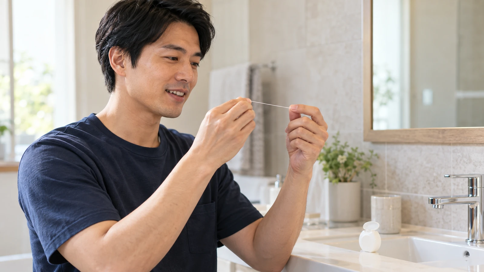 洗面台でデンタルフロスを準備する男性