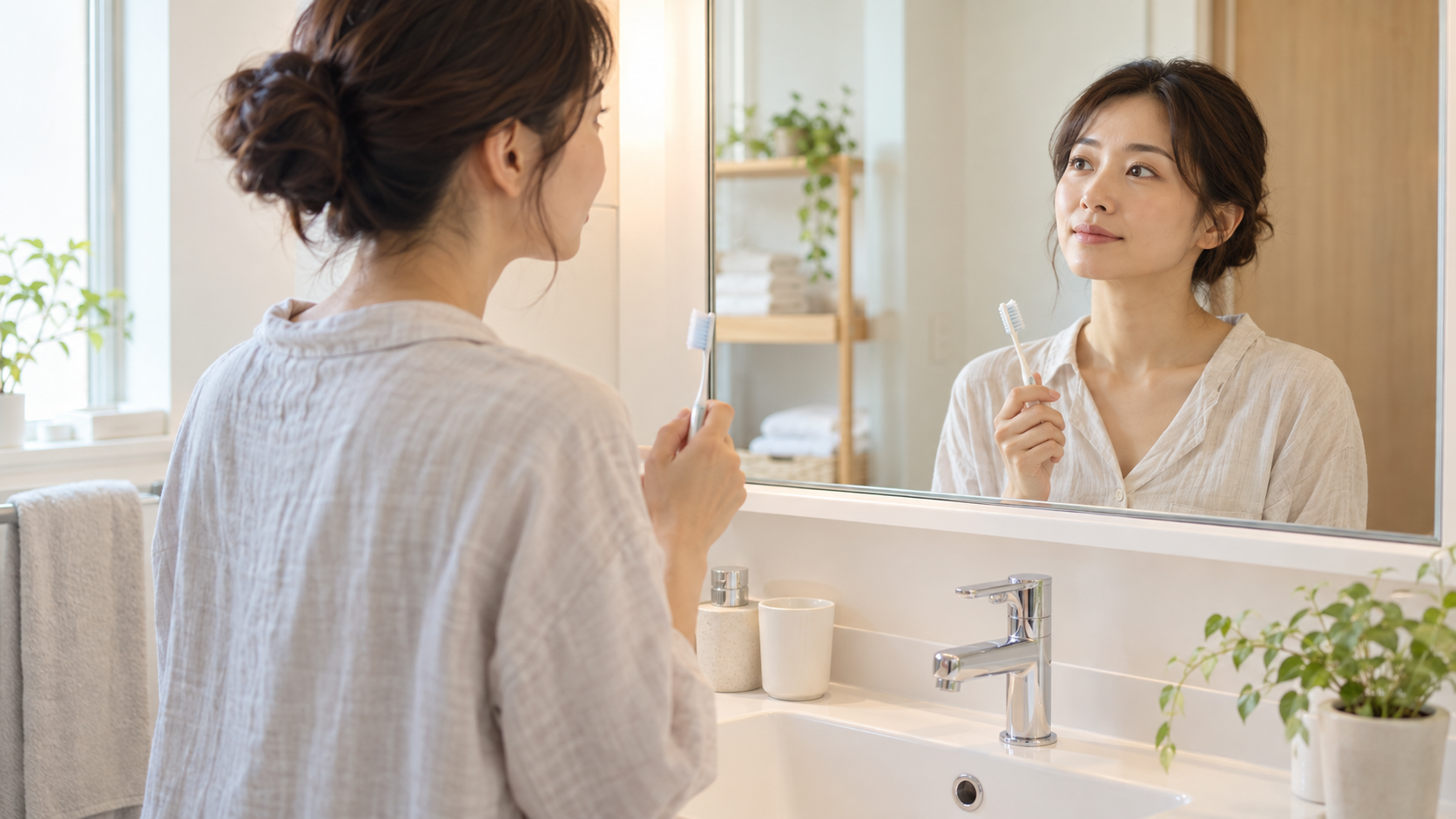 鏡で口元を確認しながら歯磨きの準備をする女性