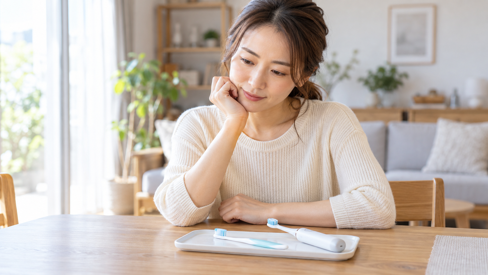 手用と電動の歯ブラシを見比べる女性